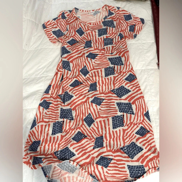 Lularoe Carly Dress Large Flag Red White &Blue pocket hi-low patriotic - Picture 1 of 6